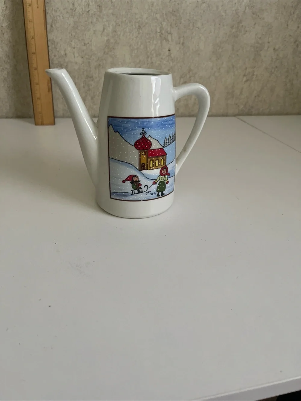 Vintage Ceramic Tea Pot No Lid Christmas Winter Snow Scene Mom Child Sled 5.5”